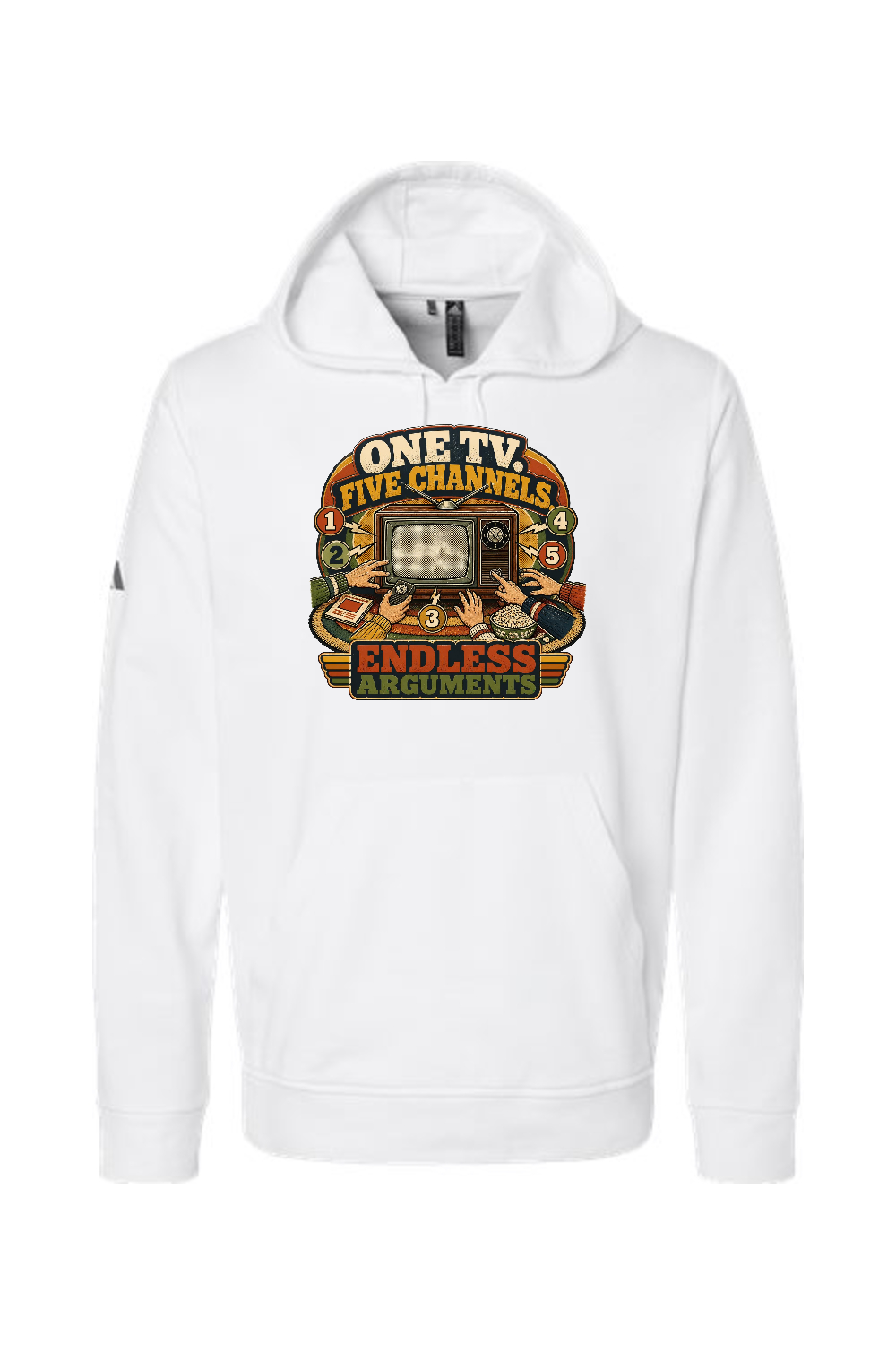 Adidas Fleece Hooded Sweatshirt: ONE TV. FIVE CHANNELS. ENDLESS ARGUMENTS