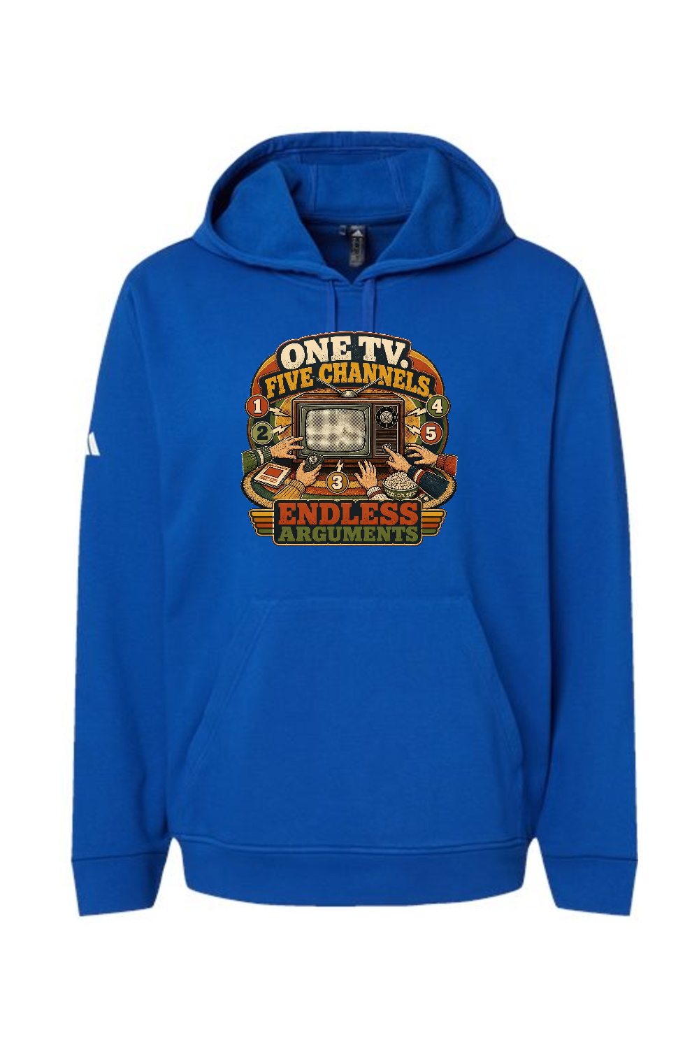 Adidas Fleece Hooded Sweatshirt: ONE TV. FIVE CHANNELS. ENDLESS ARGUMENTS