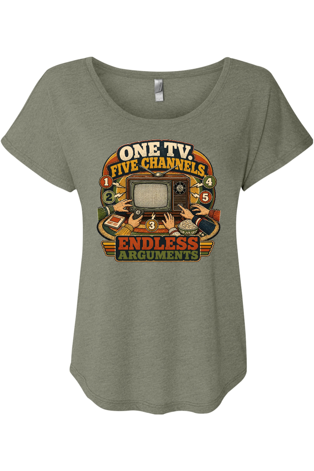 ONE TV. FIVE CHANNELS. ENDLESS ARGUMENTS Women's Triblend Dolman Tee