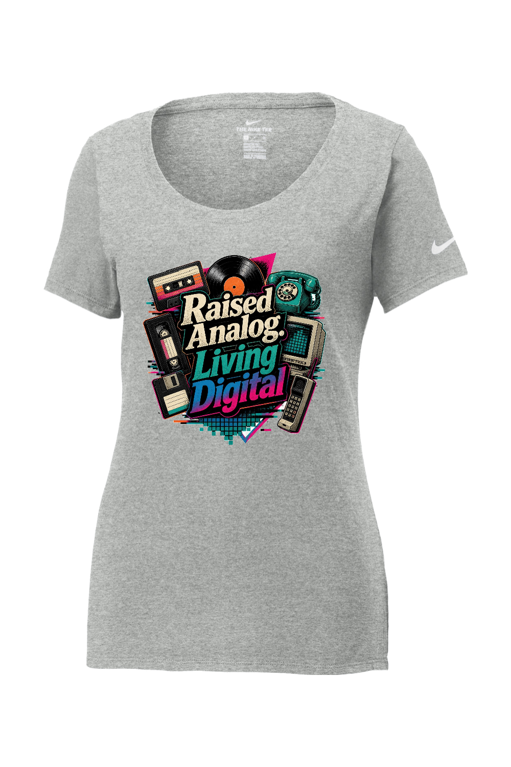 Nike Ladies Core Cotton Scoop Neck Tee: Raised Analog. Living Digital