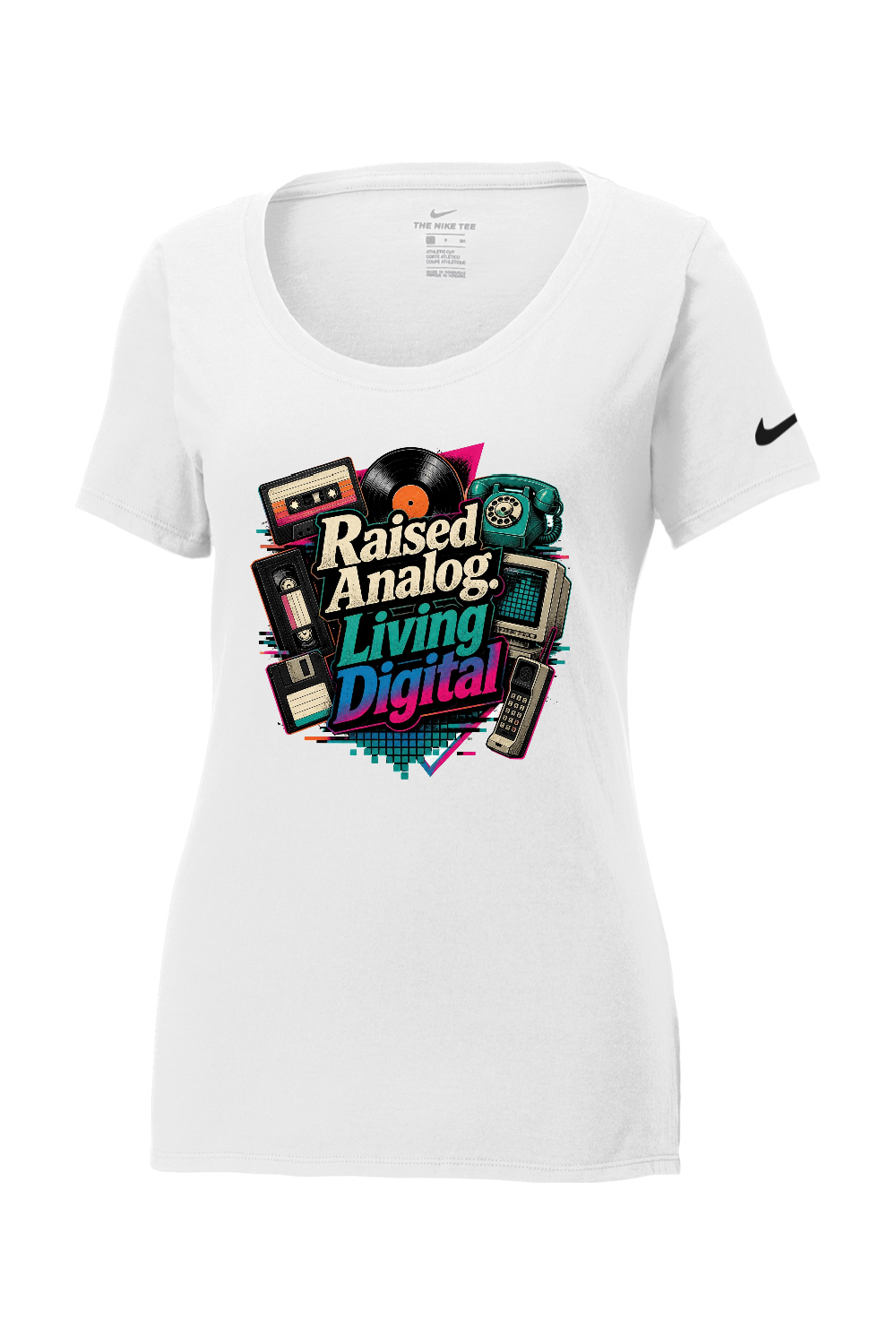 Nike Ladies Core Cotton Scoop Neck Tee: Raised Analog. Living Digital