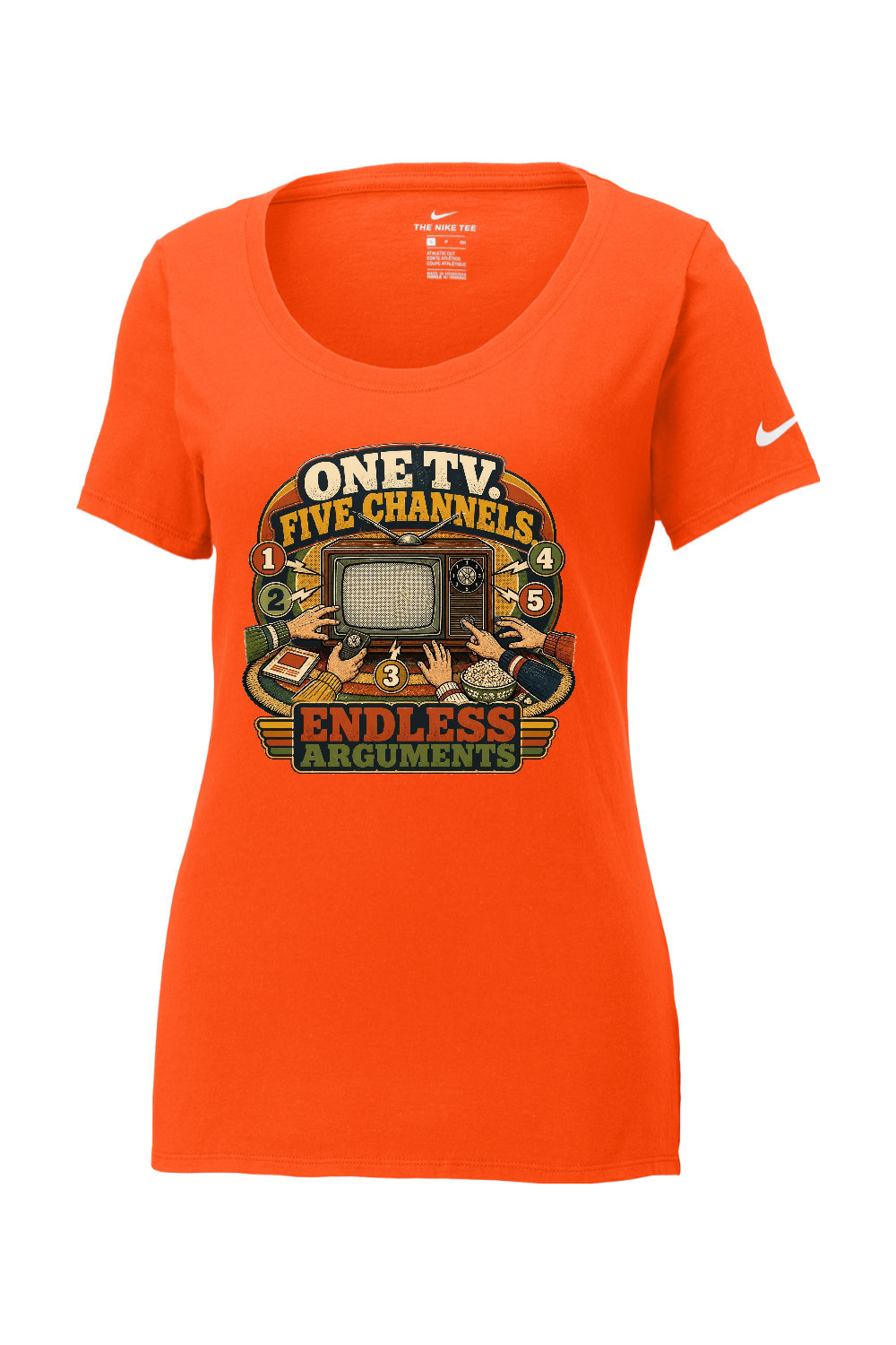 Nike Ladies Core Cotton Scoop Neck Tee: ONE TV. FIVE CHANNELS. ENDLESS ARGUMENTS