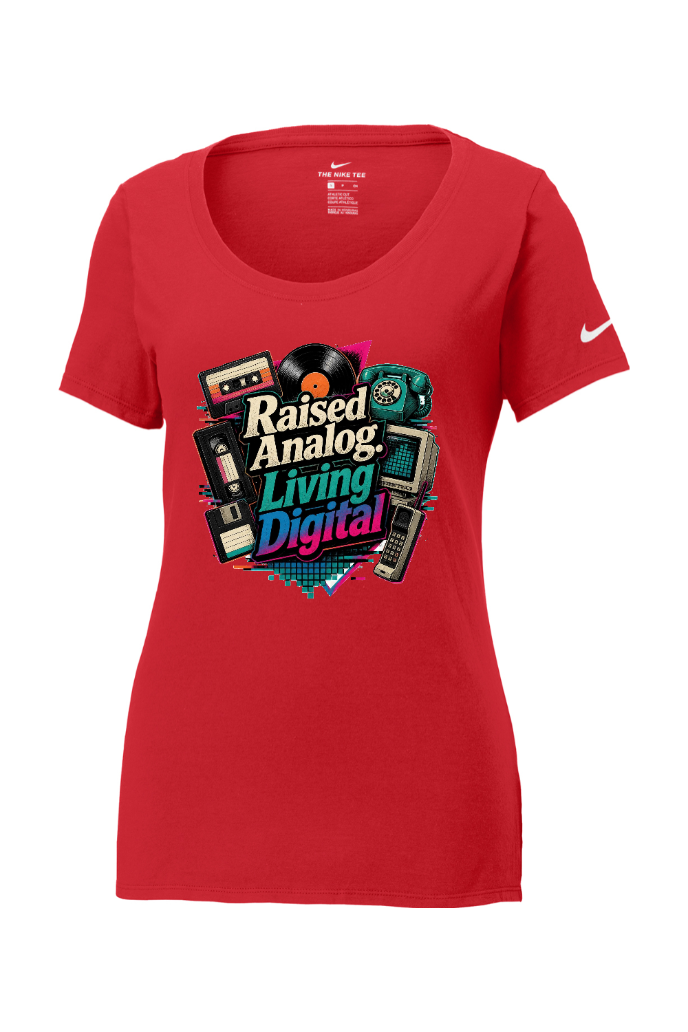 Nike Ladies Core Cotton Scoop Neck Tee: Raised Analog. Living Digital