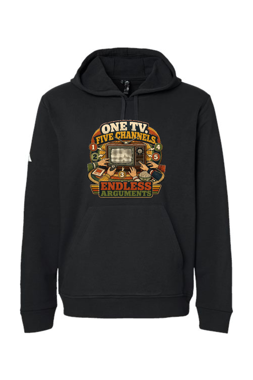 Adidas Fleece Hooded Sweatshirt: ONE TV. FIVE CHANNELS. ENDLESS ARGUMENTS