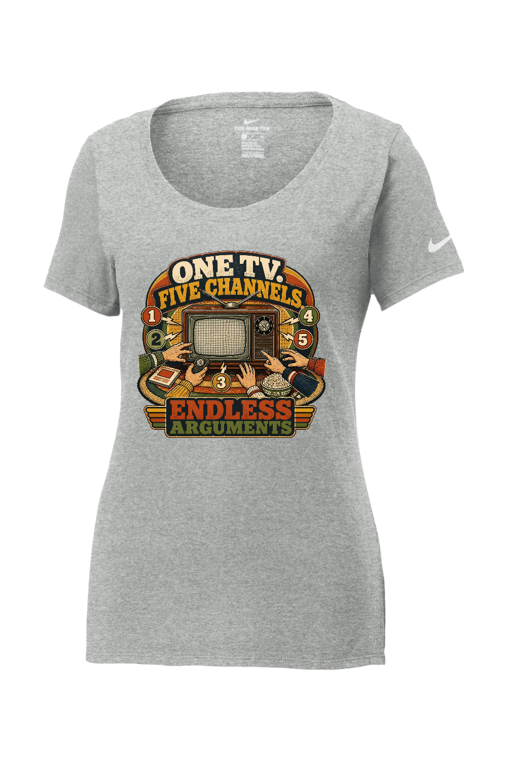 Nike Ladies Core Cotton Scoop Neck Tee: ONE TV. FIVE CHANNELS. ENDLESS ARGUMENTS
