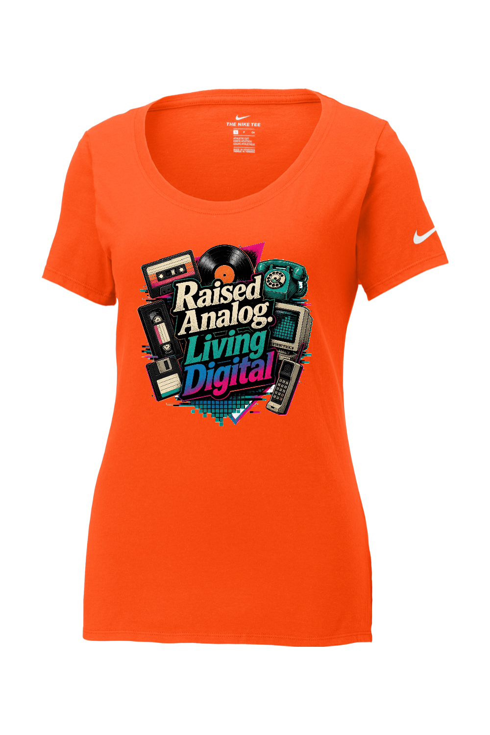 Nike Ladies Core Cotton Scoop Neck Tee: Raised Analog. Living Digital