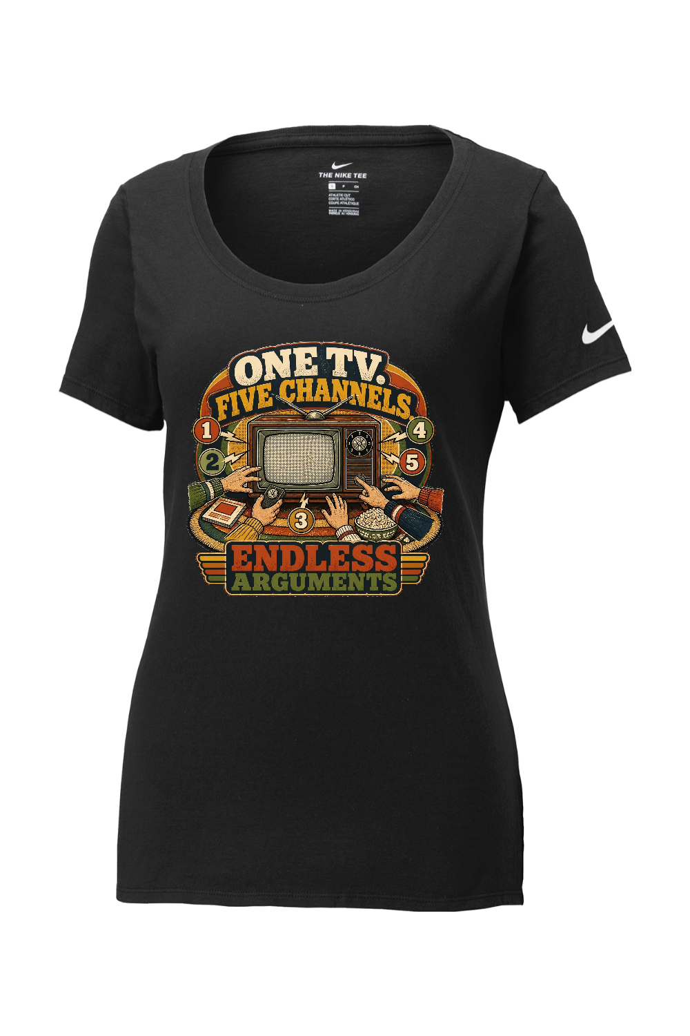 Nike Ladies Core Cotton Scoop Neck Tee: ONE TV. FIVE CHANNELS. ENDLESS ARGUMENTS