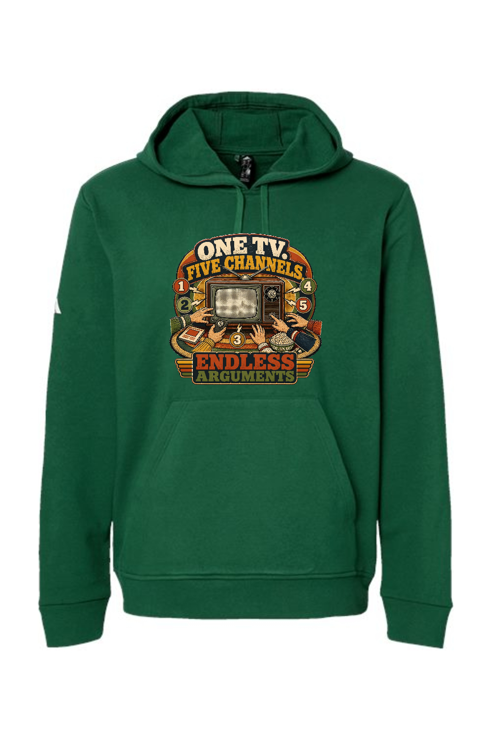 Adidas Fleece Hooded Sweatshirt: ONE TV. FIVE CHANNELS. ENDLESS ARGUMENTS