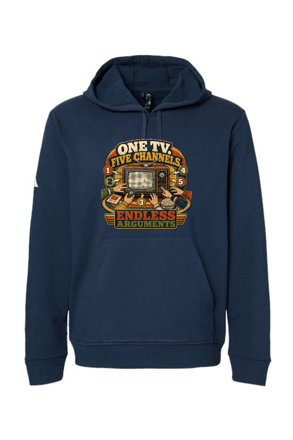 Adidas Fleece Hooded Sweatshirt: ONE TV. FIVE CHANNELS. ENDLESS ARGUMENTS