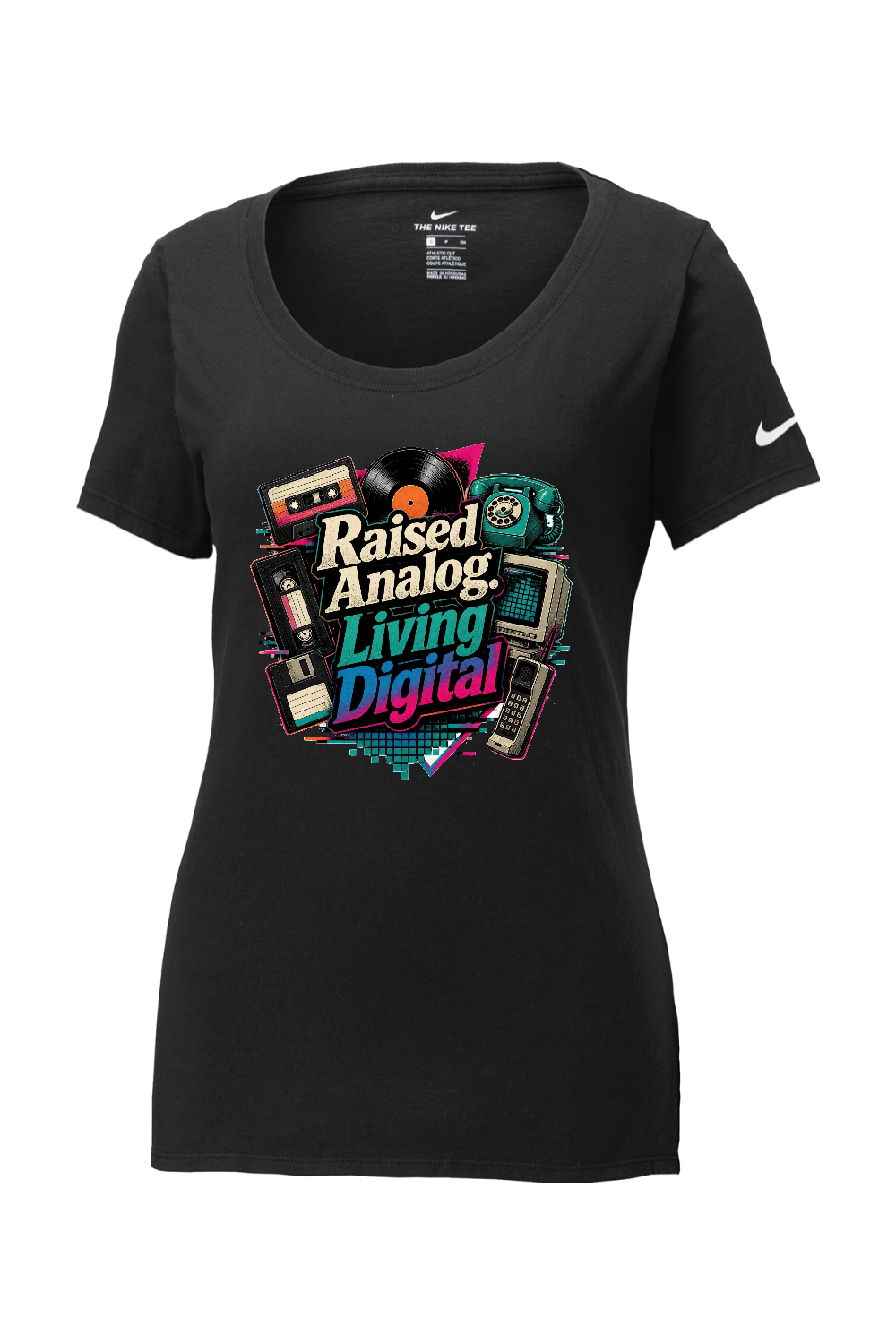 Nike Ladies Core Cotton Scoop Neck Tee: Raised Analog. Living Digital